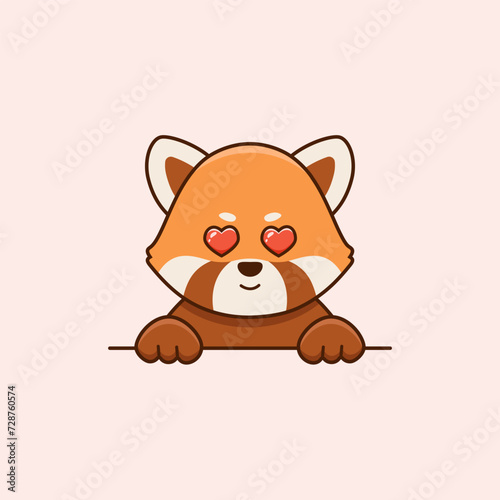 Cute red panda in love with heart eyes in cartoon style. Vector flat illustration