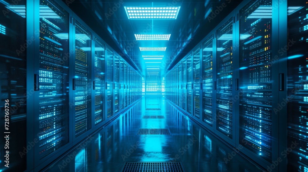 A corridor of server racks in a futuristic data center illuminated by blue neon lights, symbolizing high-speed data processing.