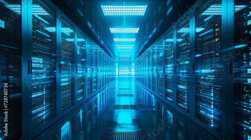 A corridor of server racks in a futuristic data center illuminated by blue neon lights, symbolizing high-speed data processing.