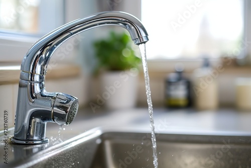 Close-up of water flowing from kitchen tap into sink, blurred background