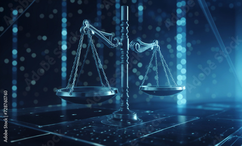 Law scales on background of data center. Digital law concept of duality of Judiciary, Jurisprudence and Justice and data in the modern world. Copy space. Based on Generative AI