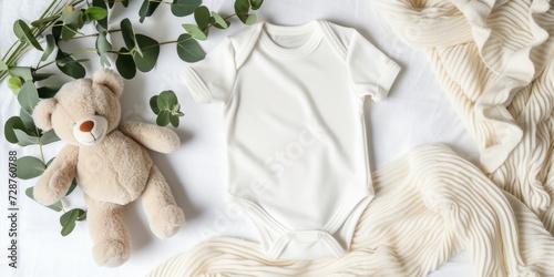 White cotton baby short sleeve bodysuit, toy teddy bear and eucalyptus branch on white ivory blanket throw background. Blank infant onesie mockup template photo