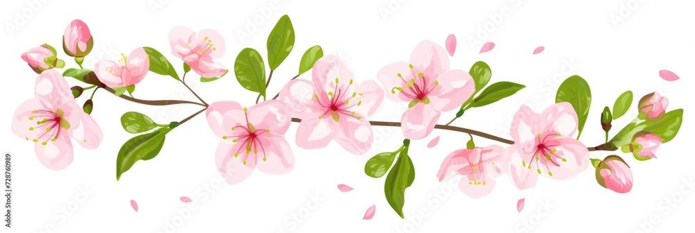 A branch of pink flowers with green leaves.