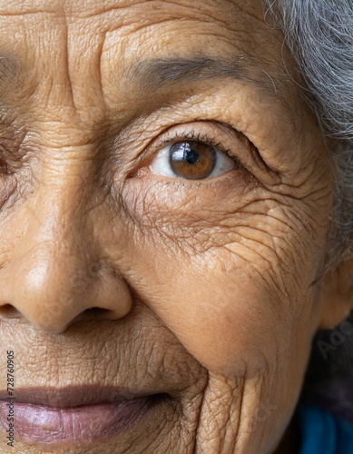  Old senior woman eyes, closeup detail to her face, both iris visible, wrinkled skin near