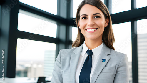 Confident businesswoman in a light gray suit with a blue tie, office background, smiling, no hands shown