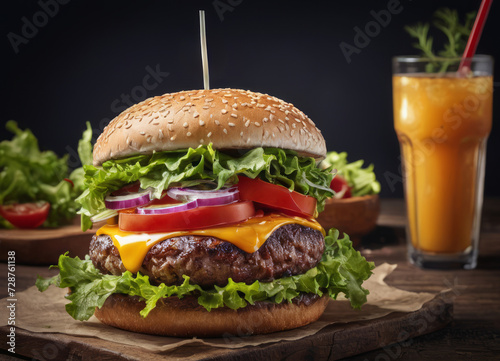 Delicious cheeseburger with fresh vegetables and juice on a dark background