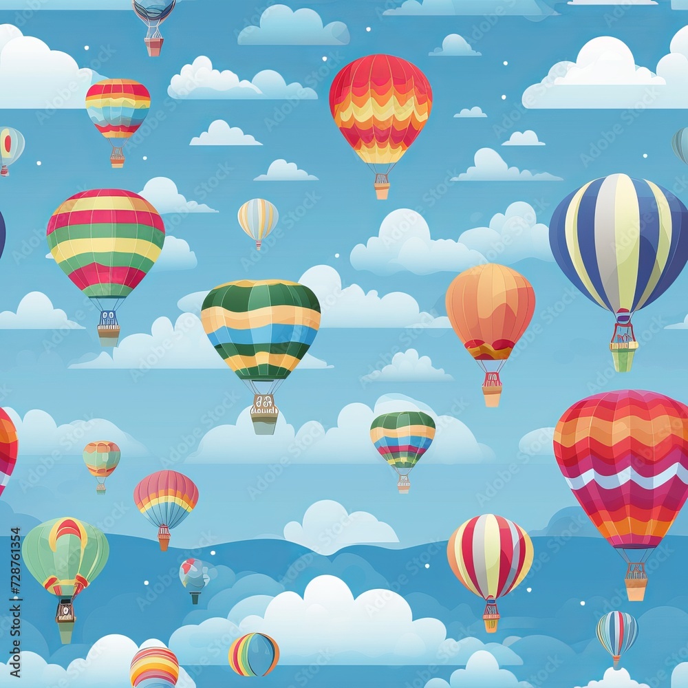 Obraz premium Colorful hot air balloons pattern on a blue sky with clouds, seamless design