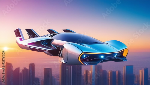 Futuristic flying electric car without wheels against the background of the sun in the city