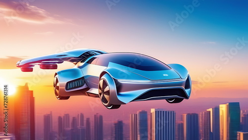 An electric car with a futuristic rear wing flies in the sky at sunset