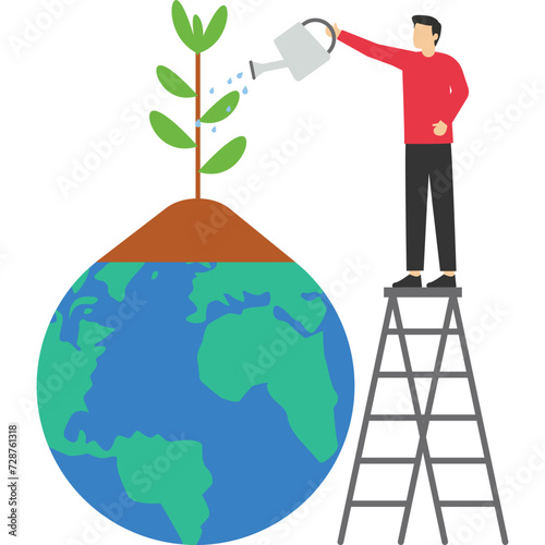 Little people prepare for environment day, save the planet, save energy, save the planet, vector balloon in the shape of a planet, flat vector illustration on a white background.
