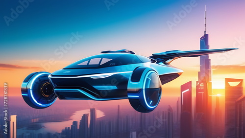 Futuristic flying car with 2 wheels and rear wing in the sky