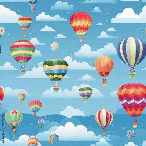 Colorful hot air balloons pattern on a blue sky with clouds, seamless design