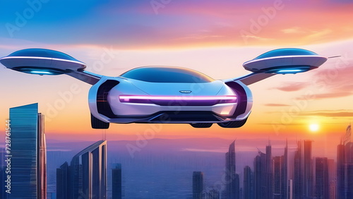 Unmanned flying car with wings and 2 turbines against the backdrop of the sun in the city