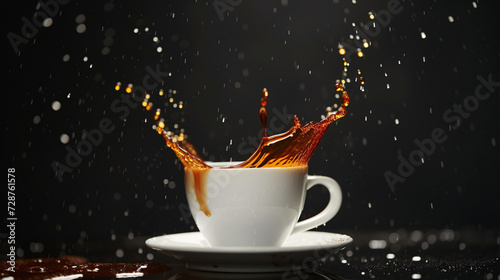 the fluid beauty of pouring coffee into a pristine cup, captured in mid-air