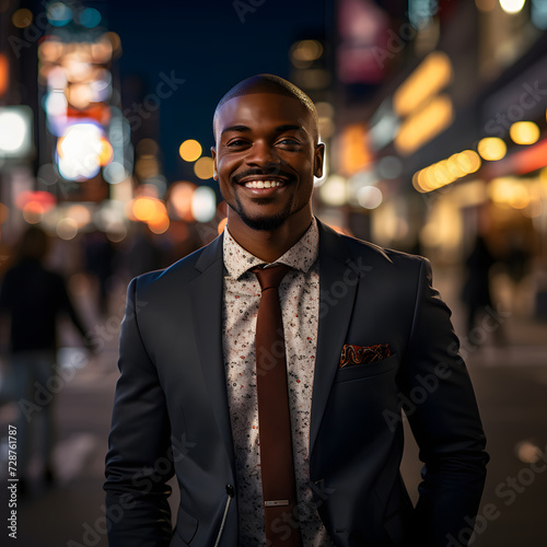 a Black businessman smiles in the city night