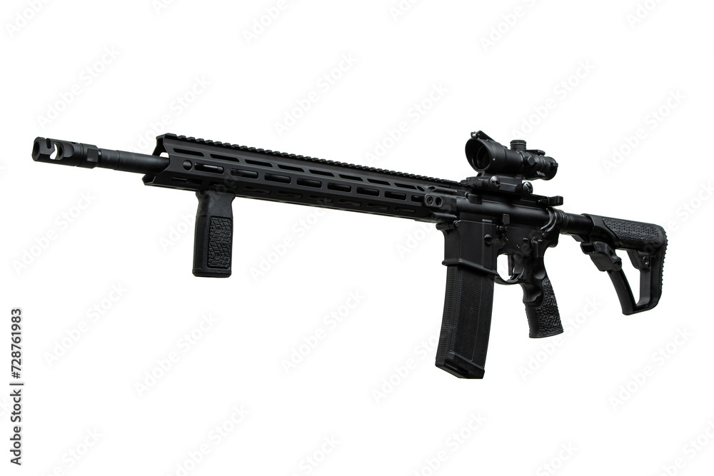 Modern automatic rifle isolated on white background. Weapons for police, special forces and the army. A carbine with red dot sight on a white back Modern automatic rifle isolated on white background. Weapons for police, special forces and the army. A carbine with red dot sight on a white back
