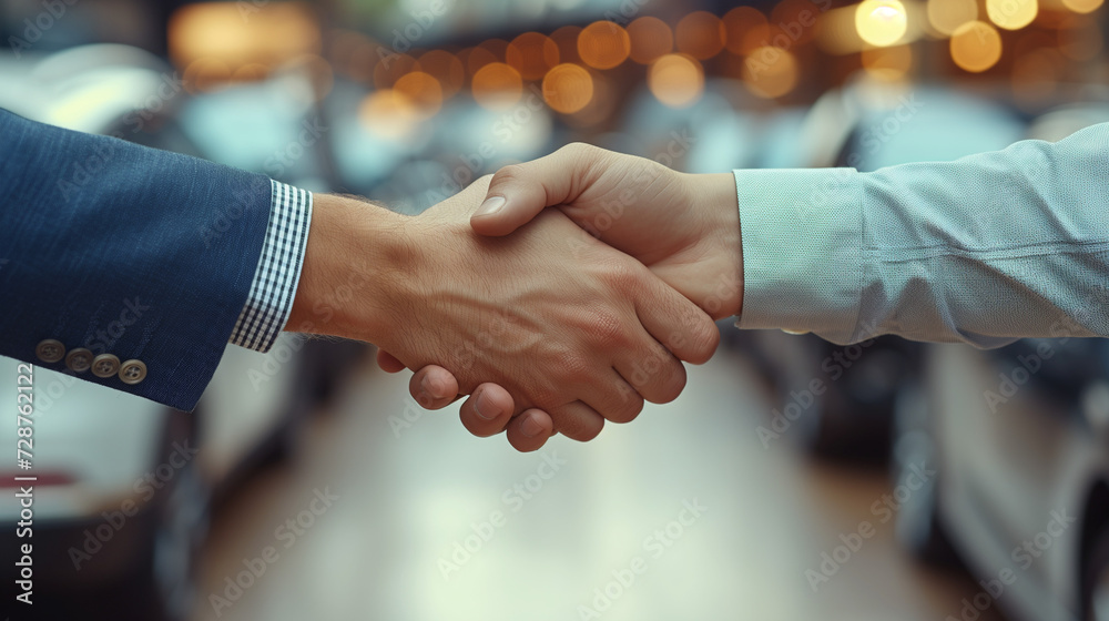 Car salesman and buyer shaking hands on the successful sale of a new car. Blurred background car dealership. Car salesman and buyer shaking hands on the successful sale of a new car. Blurred background car dealership.