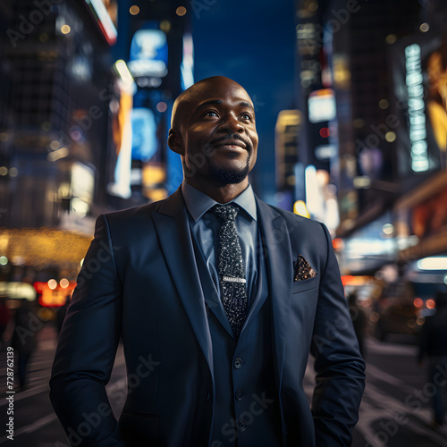 a Black businessman smiles in the city night