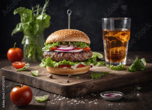 Delicious cheeseburger with fresh vegetables and juice on a dark background