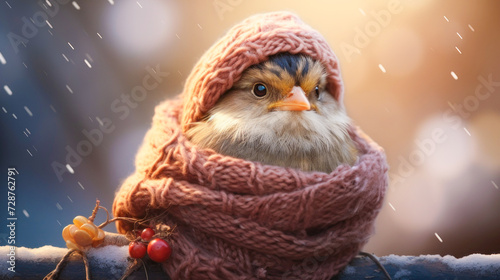 the bird is warmly dressed, wrapped in a scarf