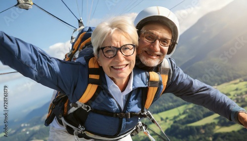 A senior or elderly couple tandem skydiving 