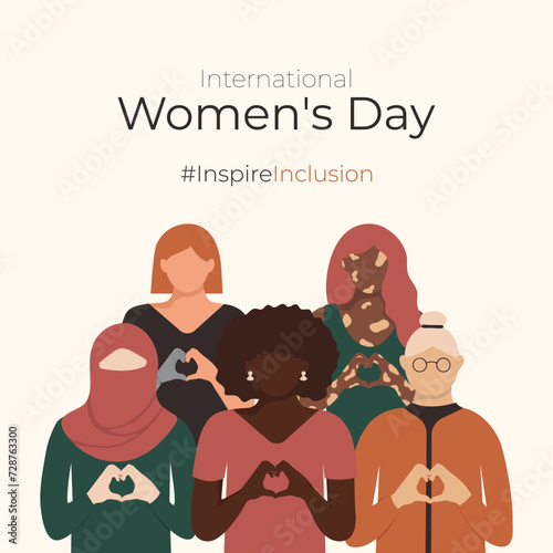 Diverse women with heart-shaped hands stand together for posts on social media. InspireInclusion International Women's Day 2024 Greeting card. Minimalist Square posters with Inspire Inclusion slogan