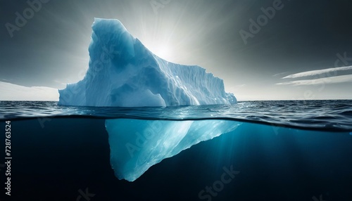 Iceberg floating on dark sea, large part visible underwater, smaller tip above surfac photo