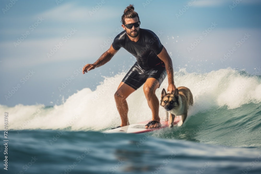 Handsome young man surfing on a beautiful sunny day with his dog. Sport concept. Vacation and Travel Concept with Copy Space.