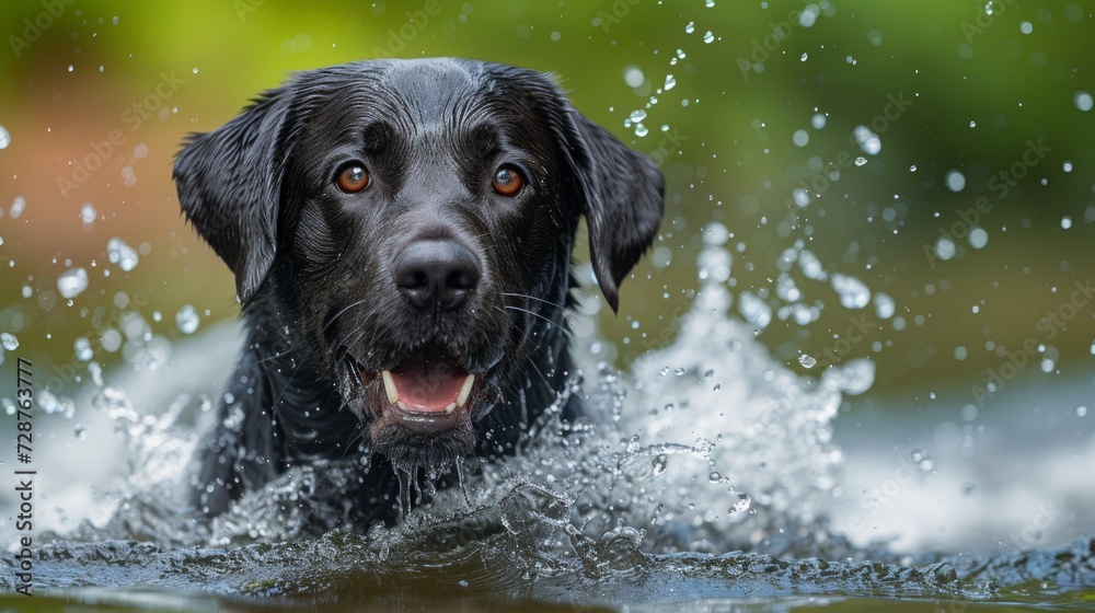 A Labrador splashing in a sparkling pond, exuding pure happiness on a hot summer day A Labrador splashing in a sparkling pond, exuding pure happiness on a hot summer day