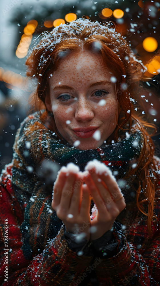 Snowy Serenity: Young Woman Model with Red Hair Amidst Snowfall - Generative AI Snowy Serenity: Young Woman Model with Red Hair Amidst Snowfall - Generative AI