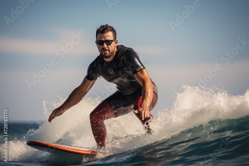 Surfer on the ocean wave. Man surfing on the ocean wave. Sport concept. Vacation and Travel Concept with Copy Space.