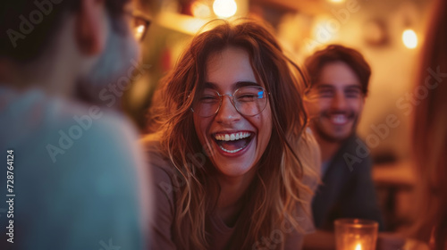 A group of friends having a game night, the room filled with laughter.