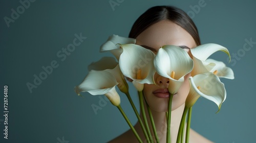 A mesmerizing woman with a bouquet of calla lilies, their elegance mirroring ...