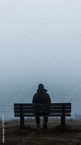 Reflective Solitude: A Lone Individual Seated on a Park Bench, Immersed in Thought Overlooking the Tranquil Haze of a Fog-Enshrouded Waterfront
