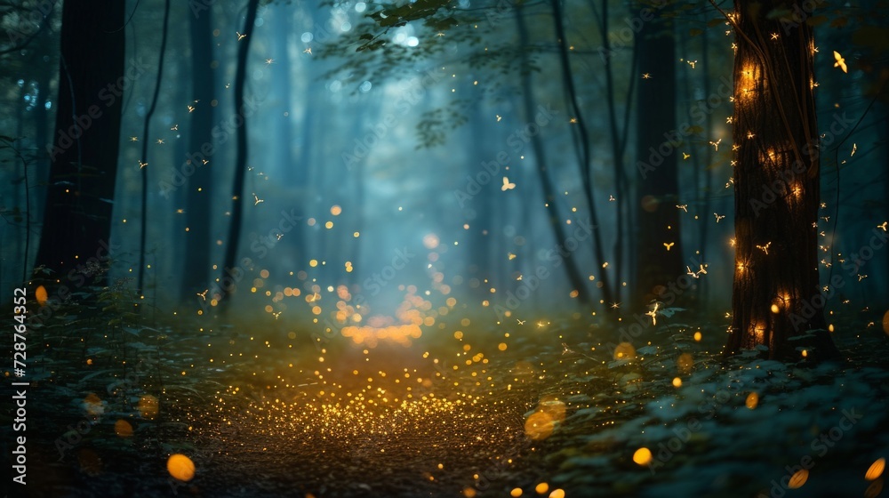 A magical forest scene with fireflies, conveying the enchantment of a secret rendezvous - obrazy, fototapety, plakaty 