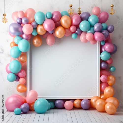 A minimalist party display with an understated frame and floating balloons in rainbow colors
