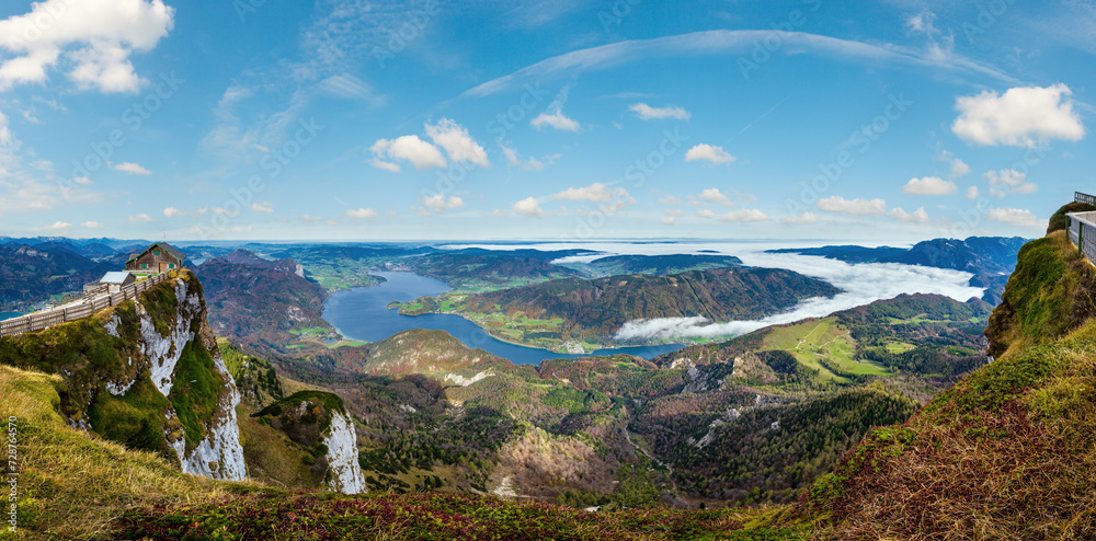 Fototapeta premium Picturesque autumn Alps mountain lakes view from Schafberg viewpoint, Salzkammergut, Upper Austria.