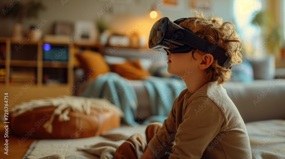 Obraz premium A child wearing virtual reality glasses is in the living room. translucent dinosaurs, as if we are viewing the room through the boy's eyes as he looks through the VR glasses