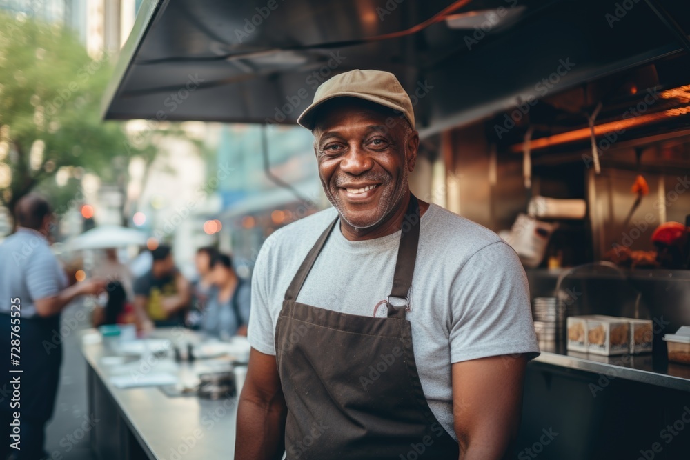 Smiling portrait of a middle aged food truck owner