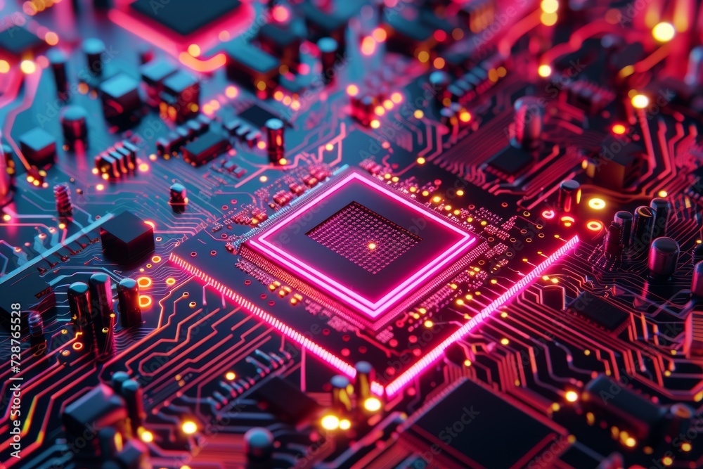 close up of a microchip circuit board of a computer with neon lights close up of a microchip circuit board of a computer with neon lights