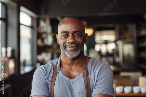 Portrait of a happy male cafe owner with apron in restaurant