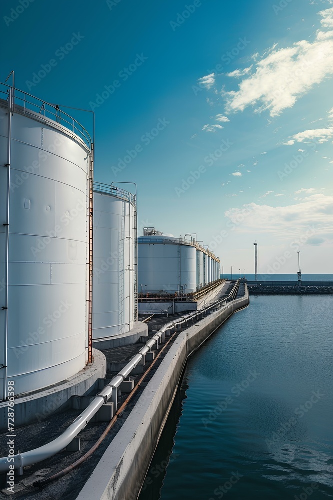 Obraz premium Side view of oil terminal storage tank, White oil tank storage chemical petroleum petrochemical refinery product at oil terminal. generative AI