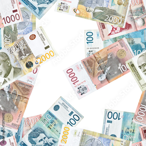 Seamless pattern with various banknotes of Serbian dinar and copy space photo