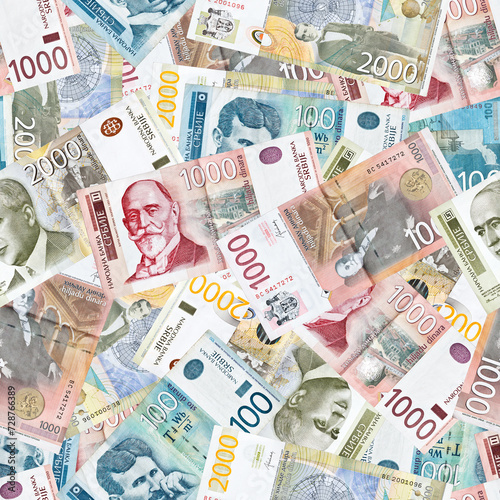 Seamless pattern with various banknotes of Serbian dinar photo