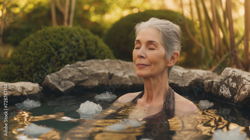 Senior retired european race woman immersed in ice bath in Japanese garden, rejuvenating treatment photo