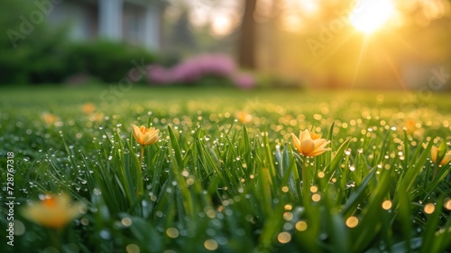 A serene Easter morning scene with a dew-covered garden, perfect for a peacef...