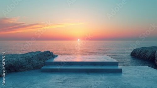 A simple, unadorned podium contrasting with a picturesque coastal sunset © olegganko