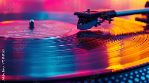 An abstract record spinning in a sea of vibrant colors, producing audible art