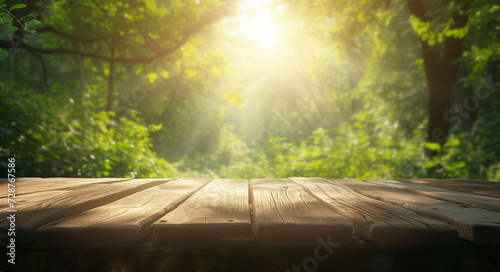 Sunny forest backdrop with wooden table, ideal for product display
