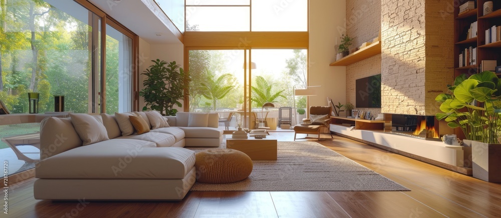 Fototapeta premium spacious living room with fireplace in new place